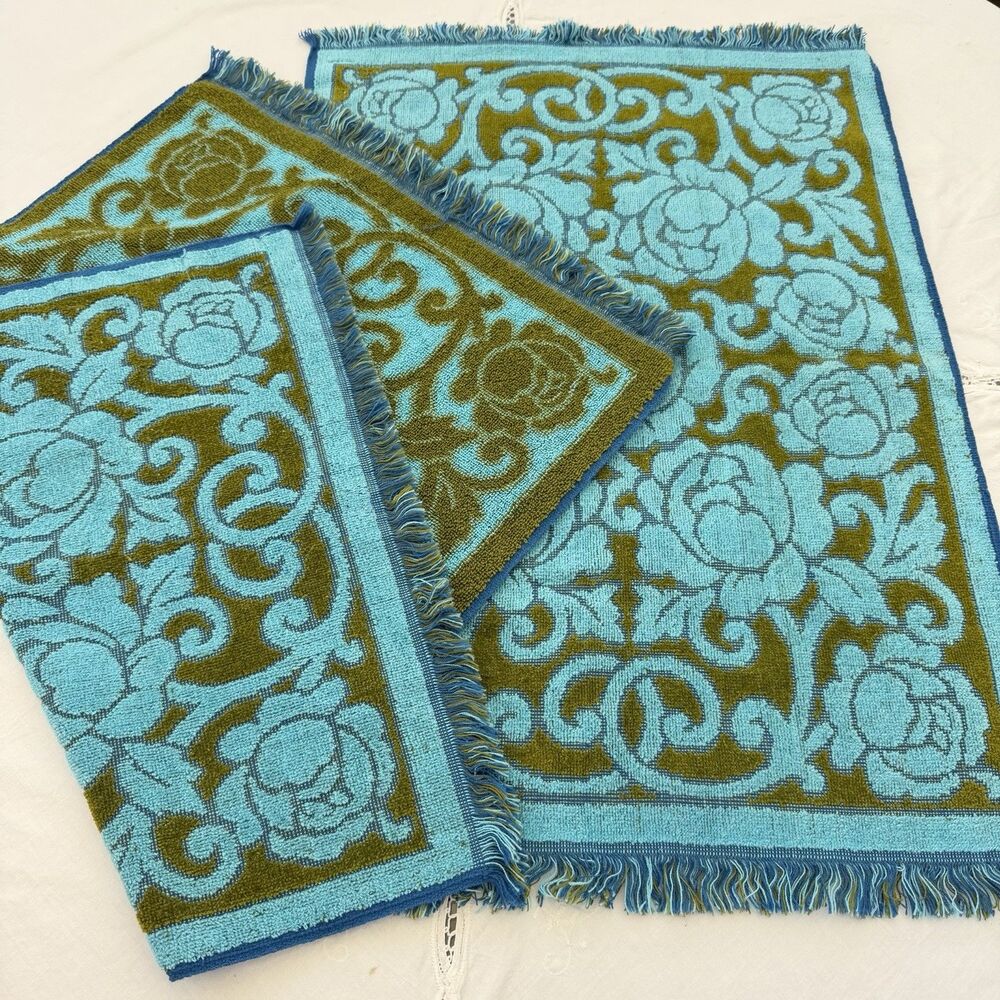 VTG Fieldcrest Hand Towels Set 2 Blue Green Floral Fringe BOHO Cottage-CORE USA